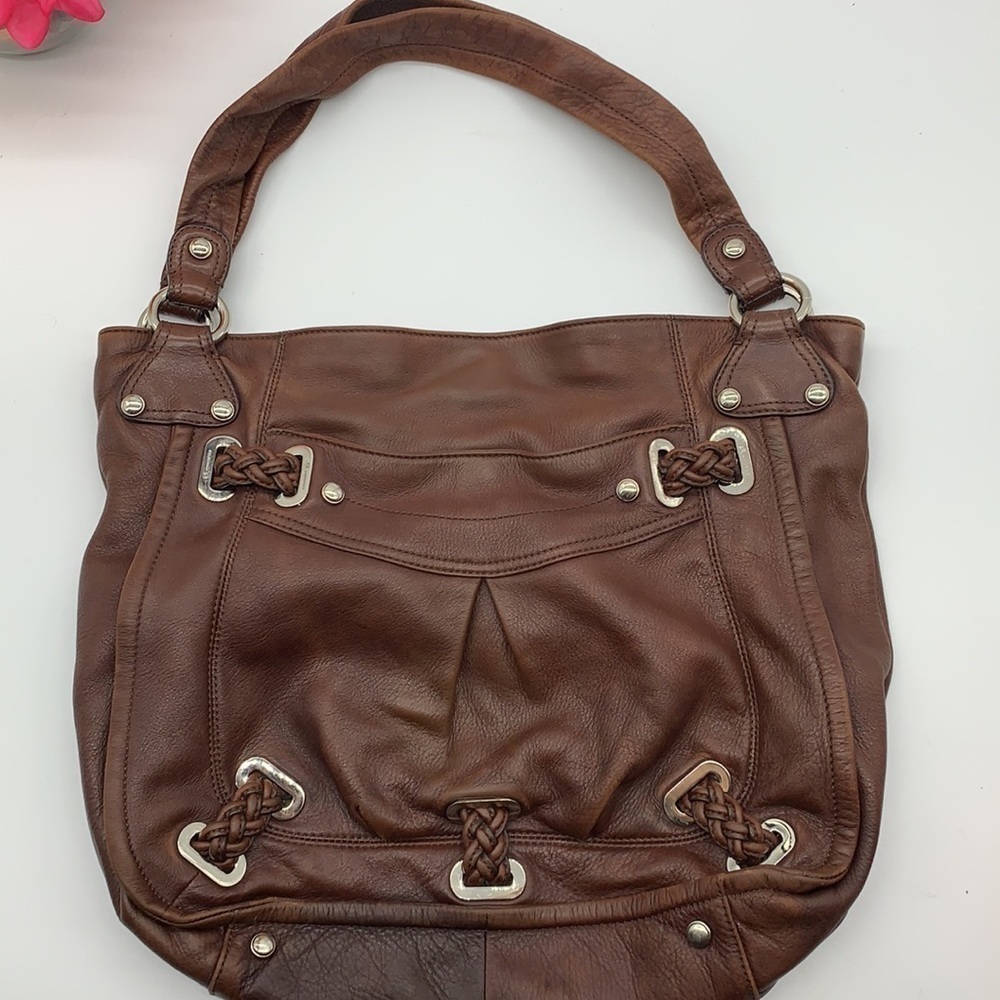B. Makowsky Large Brown Leather Shoulder Bag satchel. BRN1602B
